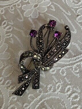 Vintage Avon Marcasite And Amethyst Glass Brooch